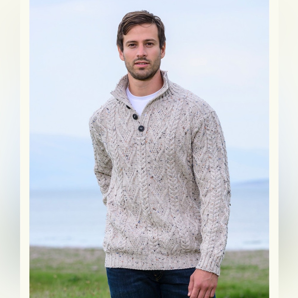 Aran Crafts  Merino Wool Buttoned Sweater Oatmeal Size Small Authentic Irish